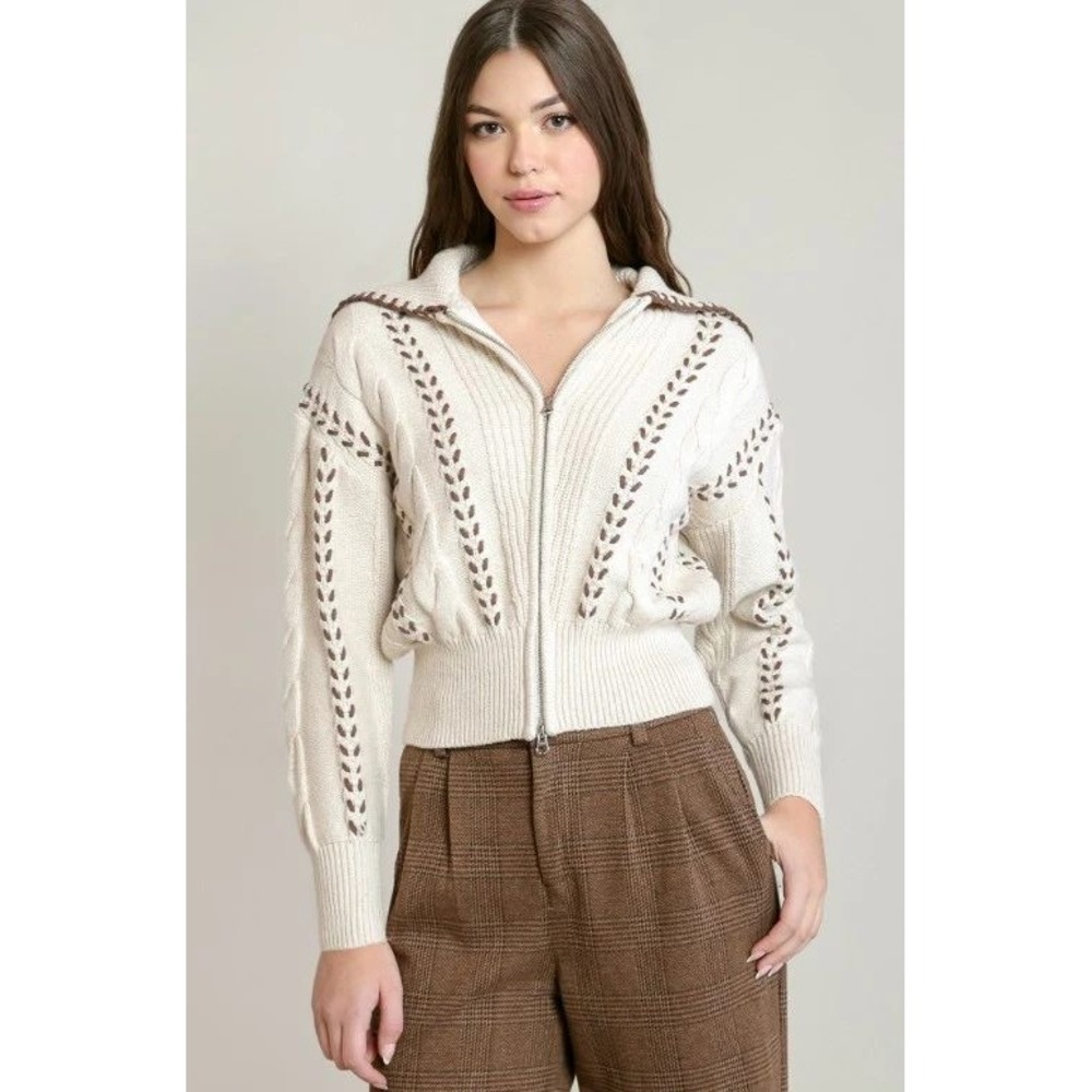 Rails Zip Cardigan Bomber Sweater Women L Cable Knit Whipstitch Boho Western